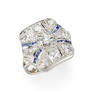 Platinum Vintage Style Old European Cut Diamond & Blue Sapphire Ring